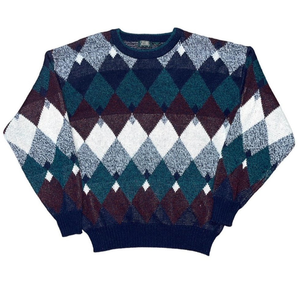 Vintage Stefano Man 100% Acrylic Diamond Pattern Cosby Style Sweater Size Large
